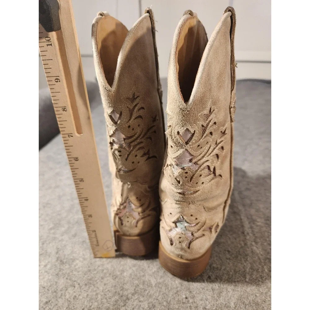 Roper Boots Kids Size 3 Beige Western Cowboy Square Toe Glitter Inlay Mid Calf